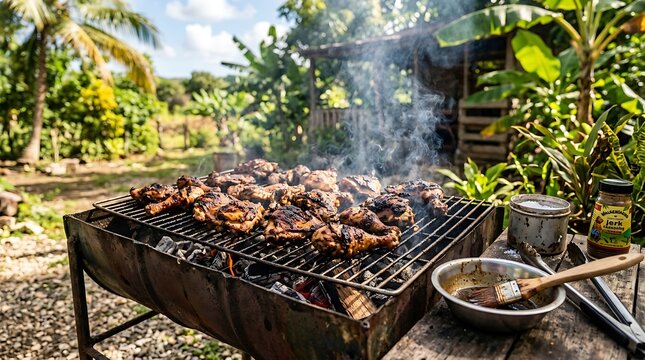 Jerk Chicken Grilling on Charcoal BBQ Outdoors in Tropical Garden