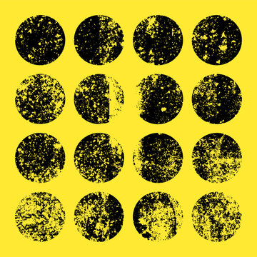 Various grunge circles with stains and scratches. Circle brush stroke, round shape design element. Distressed dirty text frame, border, sticker or label. Paintbrush, ink stains. Vector illustration