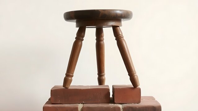 An old three-legged wooden stool propped on a brick for balance.