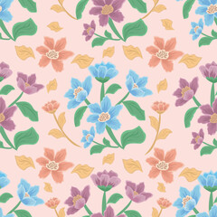 Fototapeta premium Floral cute seamless pattern with hand drawn beautiful flowers, garden blooming, Spring summer has a cozy background. Vintage trendy print. Cottage core aesthetic. Vector flat illustration