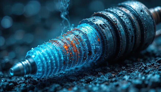 Glowing spark plug with electric energy. Automotive ignition part with blue light sparks.