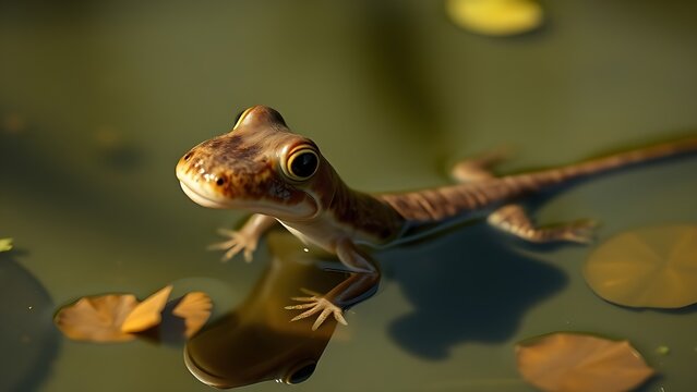 A tadpole with an exaggeratedly large head swimming in a pond, disproportionate body.