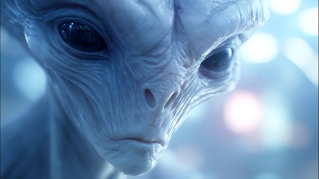 Close-up portrait of a realistic grey alien with large dark eyes and textured skin, illuminated by blue light.