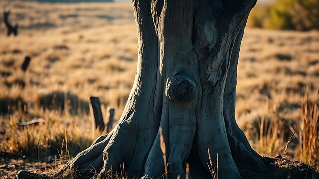 An old tree trunk with scars and burn marks in a wild grassland.