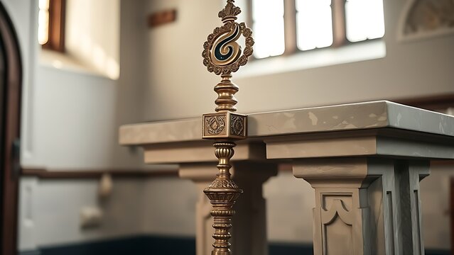 Ornate bishop's crosier leaning on altar in quiet chapel.