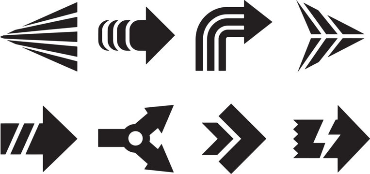 Black and white abstract arrows set modern design elements vector background pattern speed lines curved corner split fork chevron broken jagged