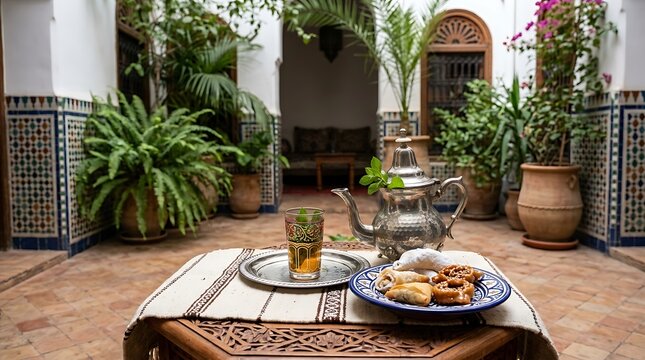 Traditional Moroccan Mint Tea and Pastries in a Riad Courtyard
