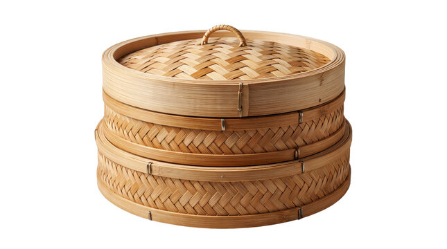Traditional bamboo steamer basket with lid, authentic wooden dim sum steamer for Asian cooking, natural woven kitchenware isolated on white background