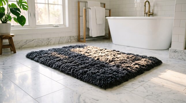 Luxurious fluffy charcoal grey bath mat placed perfectly on pristine white marble bathroom floor tiles while bright sunlight streams inside.