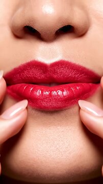 Close-up of bright red lips with fingers.