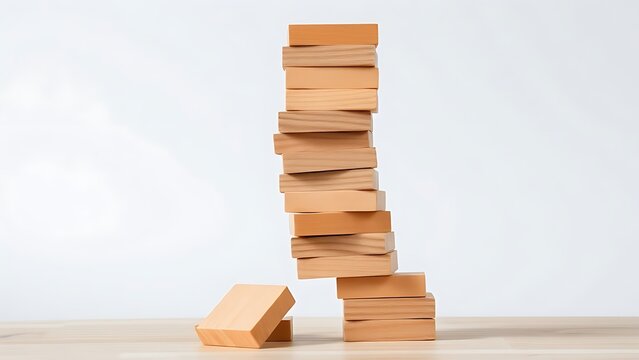 A tall wooden block tower with a key base block removed, moments before falling.