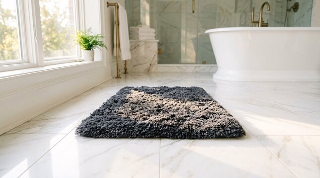 Luxurious fluffy charcoal grey bath mat placed perfectly on pristine white marble bathroom floor tiles while bright sunlight streams inside.