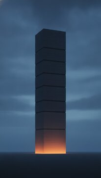 Tall dark skyscraper with glowing base at dusk, concept of ambition and progress
