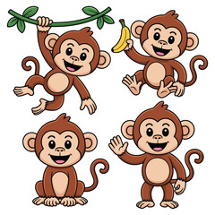 Fototapeta premium Four cartoon monkeys with banana and branch vector illustration