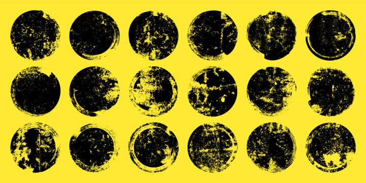 Various grunge circles with stains and scratches. Circle brush stroke, round shape design element. Distressed dirty text frame, border, sticker or label. Paintbrush, ink stains. Vector illustration