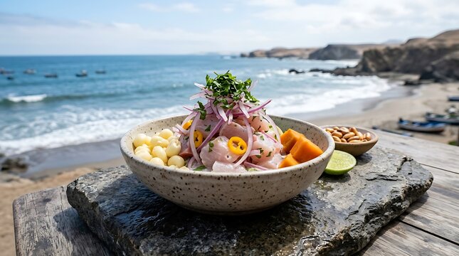 Traditional Peruvian Ceviche with Coastal Beach Background