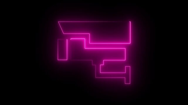 Abstract neon pink color outline of a security camera against a black background cc tv surveillance. 4k animation motion graphics video..