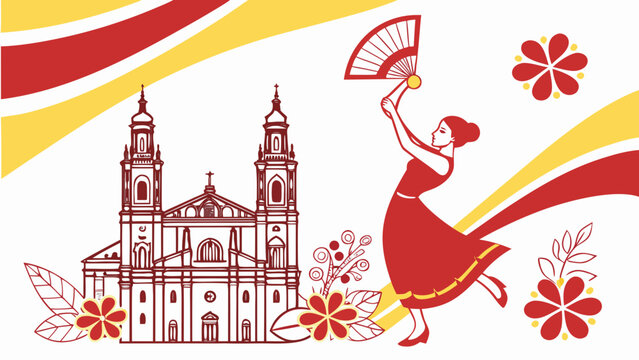 Fiesta del Pilar Spanish festival banner with Basilica del Pilar flamenco dancer hand fan and flowers on white background