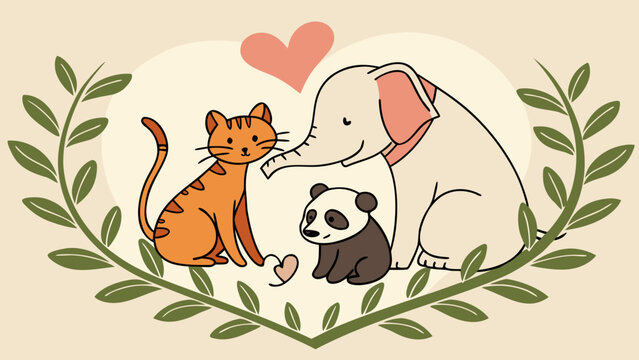 World Animal Day vector illustration with cat elephant baby panda and heart framed by green leaf wreath