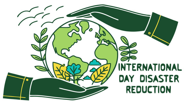 International Day for Disaster Reduction vector illustration with hands protecting planet Earth and leaves on white background