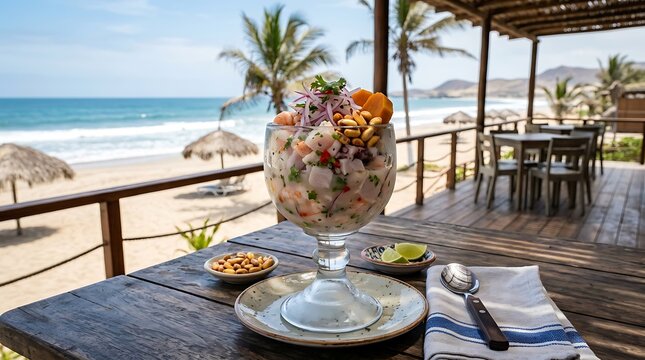 Peruvian Seafood Ceviche Served at Beachfront Restaurant