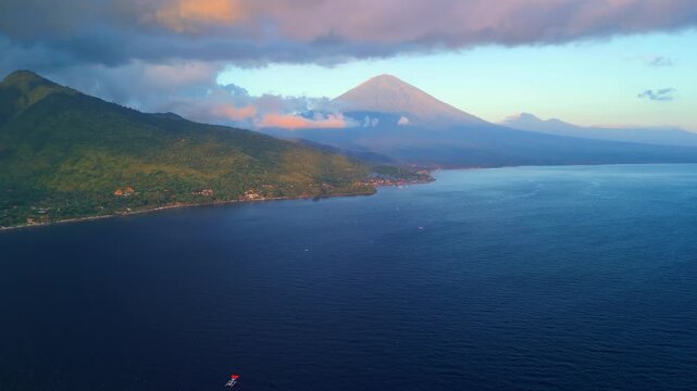 Amed Coast Bali Sunrise With Mount Agung, Aerial Tropical Seascape