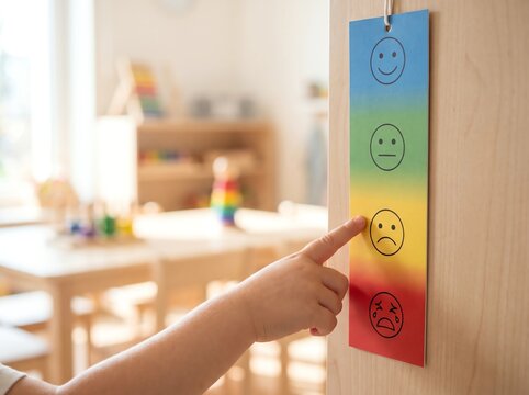 Close up of child hand pointing at an emotional feeling chart for self regulation and mental health learning