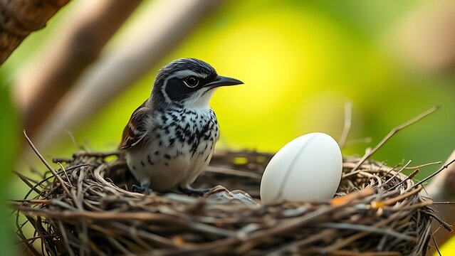 Cuckoo bird in nest with one egg teetering on the edge in soft light.