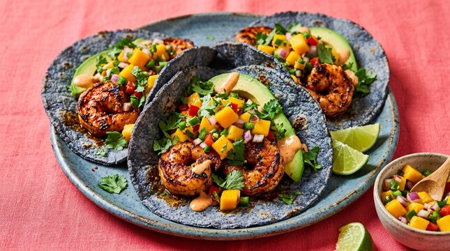 Spicy grilled shrimp tacos loaded with vibrant mango salsa and fresh cilantro are beautifully served on authentic blue corn soft tortillas.