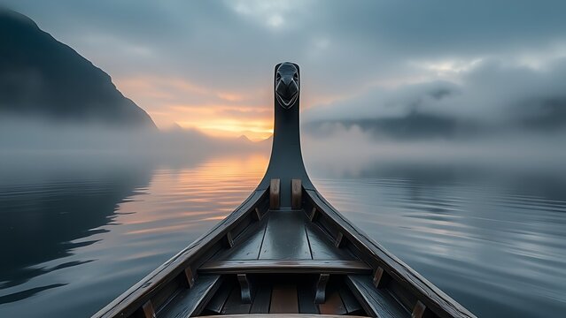 Viking longboat with salmon figurehead emerging from mist in a fjord.