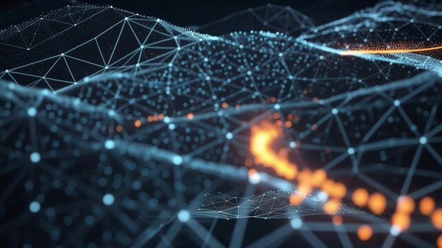 Mesmerizing digital landscape with glowing orange lines weaving through intricate futuristic patterns