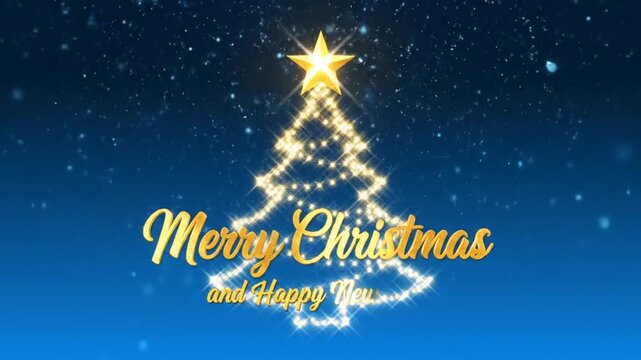 Sparkling Christmas tree outline with gold star on blue background