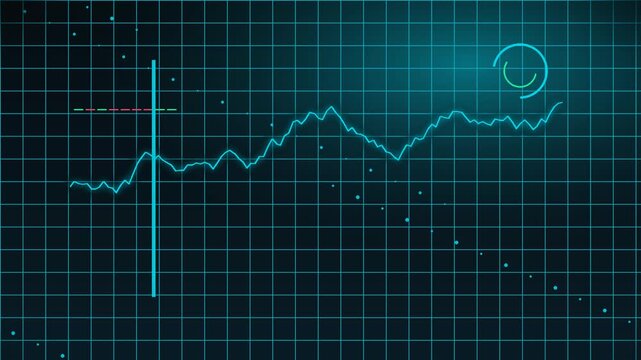 Digital financial chart and market analysis graph on a dark teal futuristic grid background