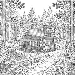Fototapeta premium Cozy Log Cabin in Pine Forest Coloring Page for Adults