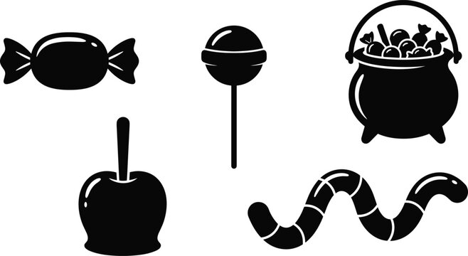 Set of black silhouette Halloween candy, lollipops, candy apple, and treat bucket icon elements