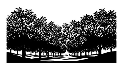 Fototapeta premium Black and White Orchard Silhouette Illustration of Fruit Trees with Farm Workers