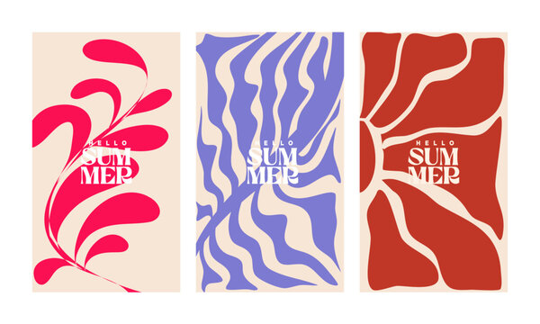 A creative concept for a bright and fresh summer card set. Modern abstract art design featuring shapes and wavy lines. Templates for celebrations, advertisements, branding, banners, covers, labels, po