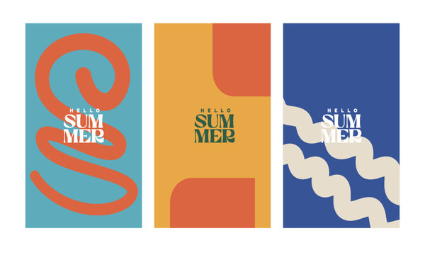 A creative concept for a bright and fresh summer card set. Modern abstract art design featuring shapes and wavy lines. Templates for celebrations, advertisements, branding, banners, covers, labels, po