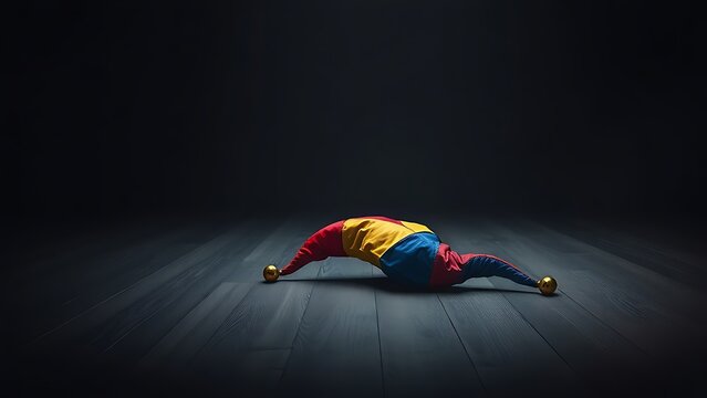 Bright jester's cap with bells on dark wooden stage floor, spotlight, melancholic.
