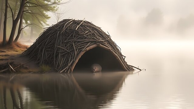 Beaver lodge made of sticks and mud at edge of calm river.