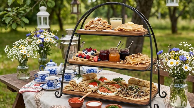 Delicious Three-Tier Pancake and Blini Platter for an Outdoor Garden Breakfast