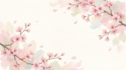 Fototapeta premium Watercolor cherry blossom branches with pink flowers and falling petals background frame.