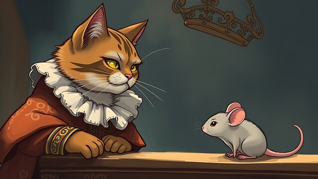 Cat in ornate clothing looking down disdainfully at a plain mouse from above.