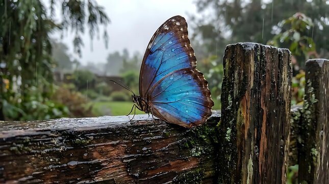 Blue morpho butterfly on wooden fence in rain.