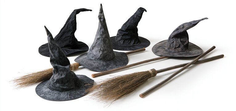 Eerie witch hats with rustic broomsticks for Halloween-themed promotions and seasonal marketing.