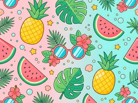 Cute Summer Tropical Fruits and Sunglasses Seamless Pattern