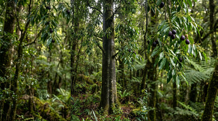 Fototapeta premium Tall dark tree trunk surrounded by lush green rainforest foliage with small purple fruit hanging down