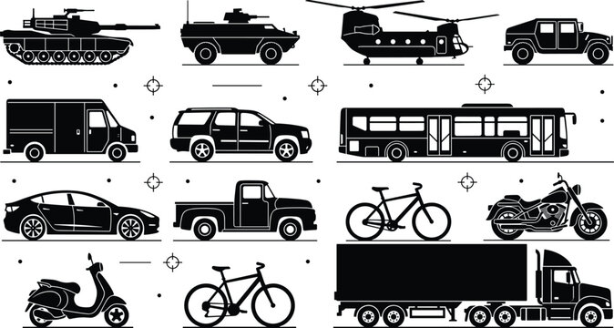 Military Vehicles and Civilian Transportation Silhouette Vector Icon Set Featuring Army Tank, Helicopter, Trucks, Cars, and Bicycles for Logistics and Traffic Graphic Designs