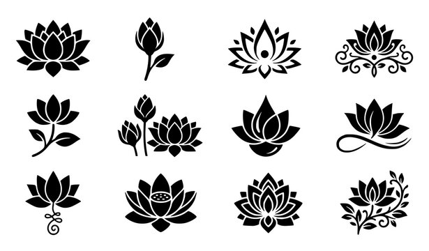 Set of black lotus flower icons and floral design elements for yoga and meditation branding projects
