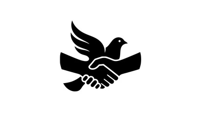 Obraz premium Minimalist black and white icon illustration of a dove formed by a handshake representing global peace and unity